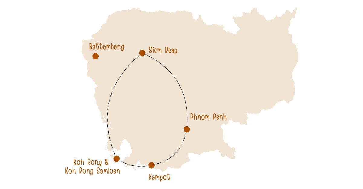 kaart reisroute Cambodja 2 weken